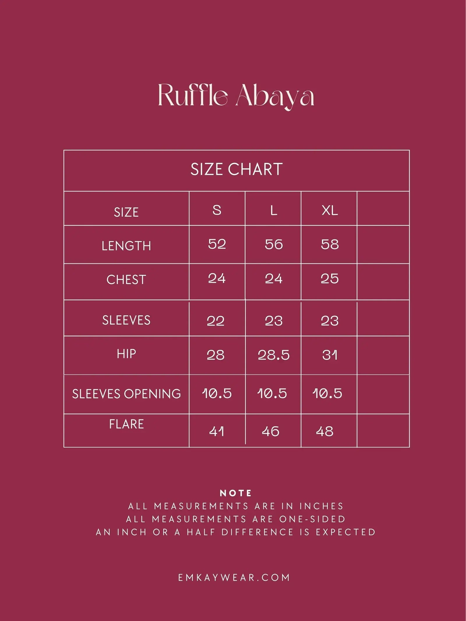 Emkay Wear Ruffle Abaya size chart.
