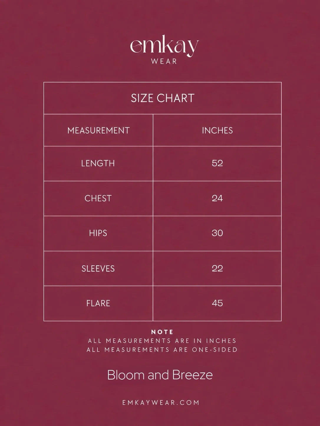 Emkay Wear Bloom and Breeze size chart showing measurements in inches for length, chest, hips, sleeves, and flare.