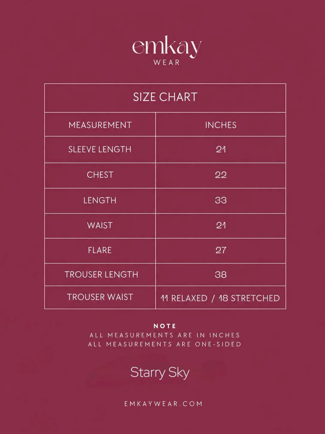 Emkay Wear Starry Sky size chart with sleeve length, chest, length, waist, flare, and trouser measurements in inches