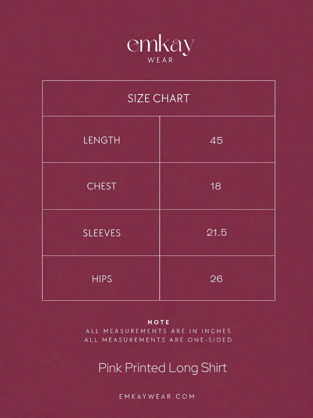 Emkay Wear size chart with length, chest, hips measurements in inches