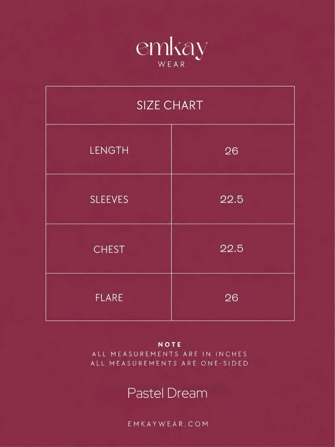 Emkay Wear size chart with length, chest, hips, sleeves, and flare measurements in inches