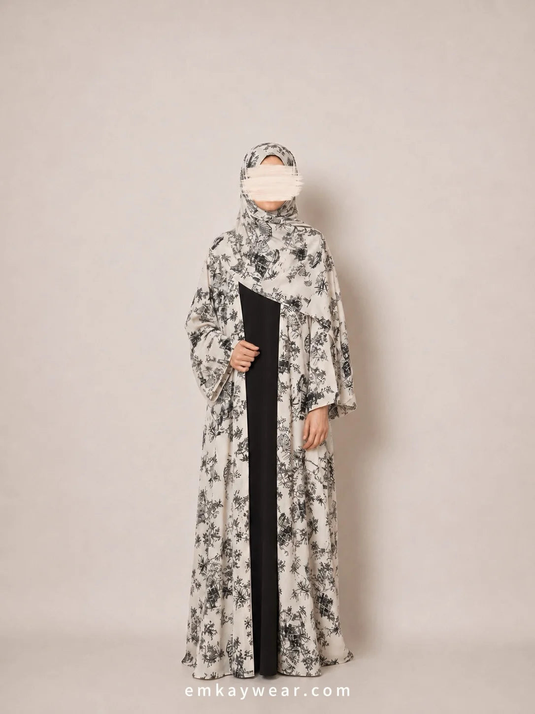 Monochrome Print Kimono Abaya with Hijab