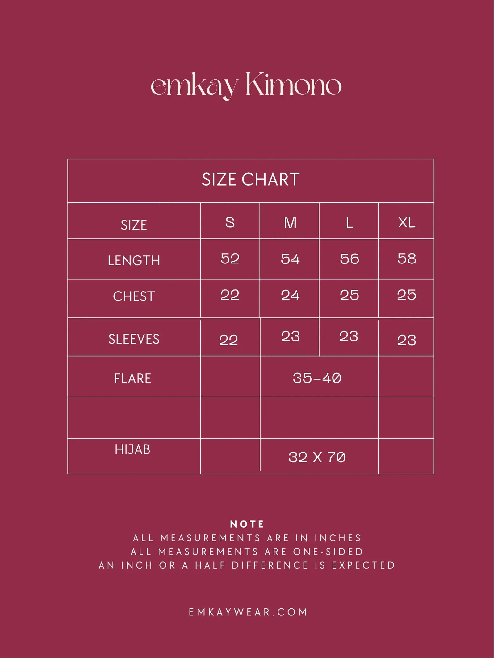 Emkay Kimono size chart showing S, M, L, and XL measurements