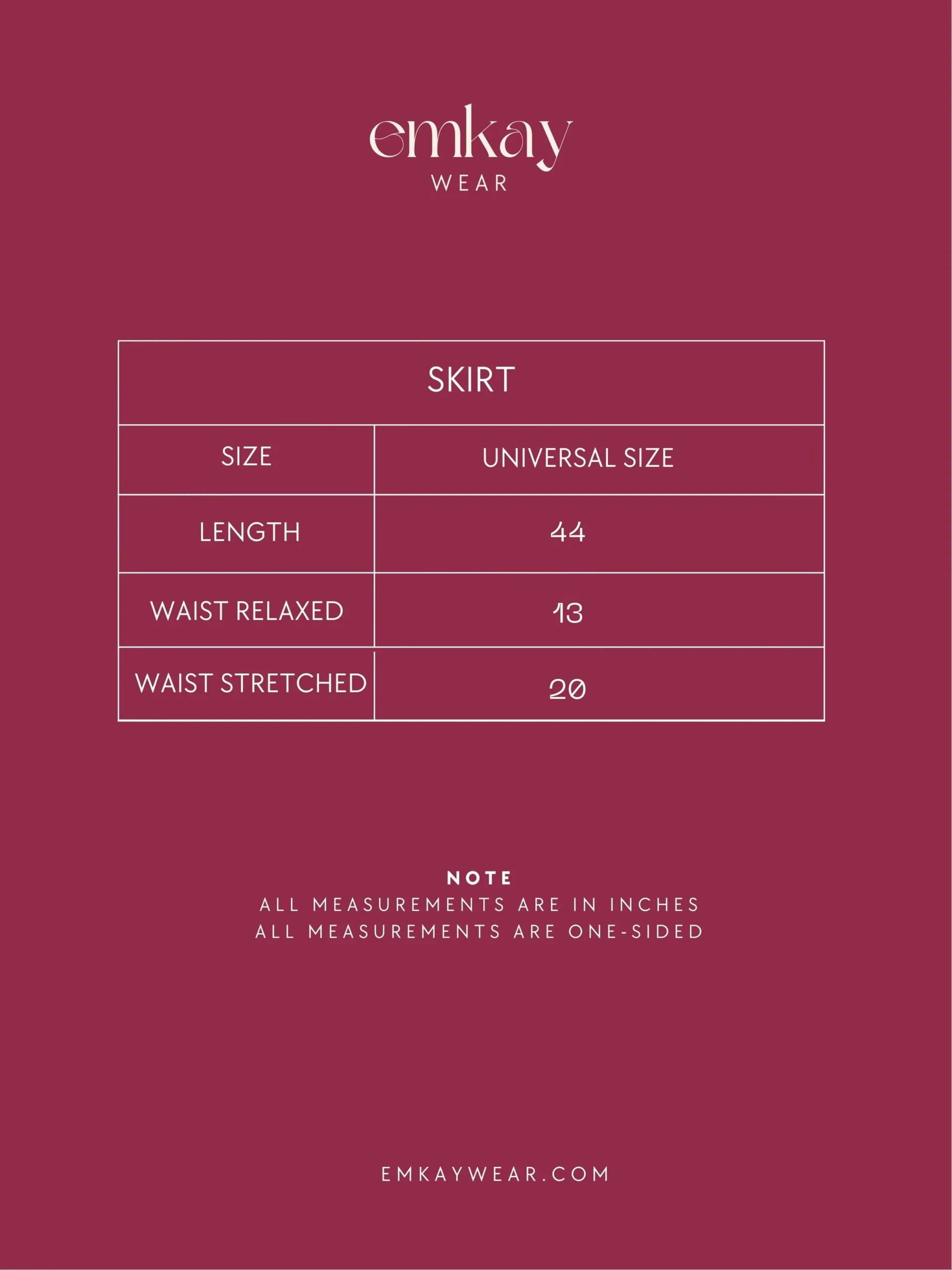 Emkay Wear skirt size chart with universal sizing.