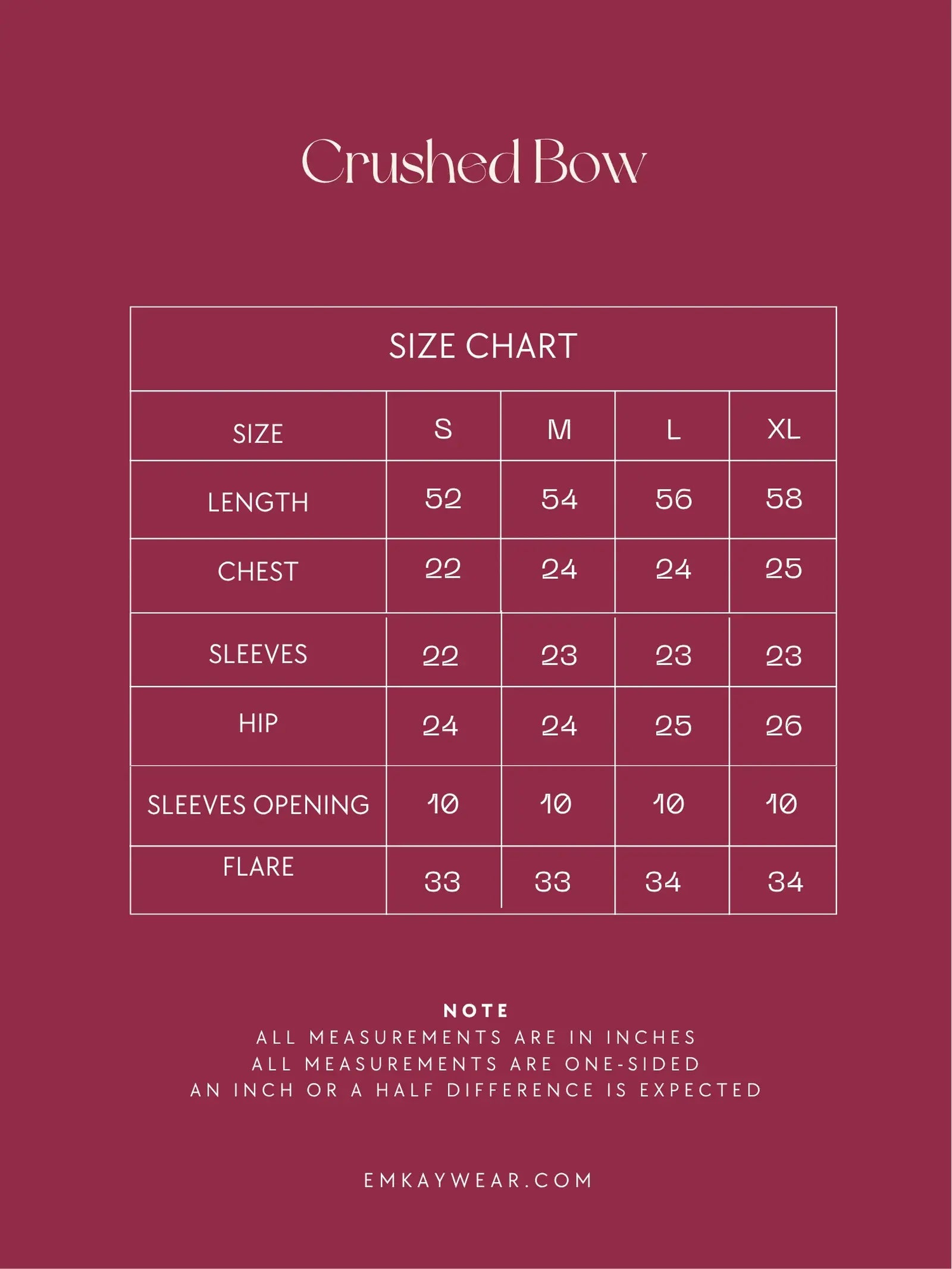 Emkay Wear Crushed Bow size chart.