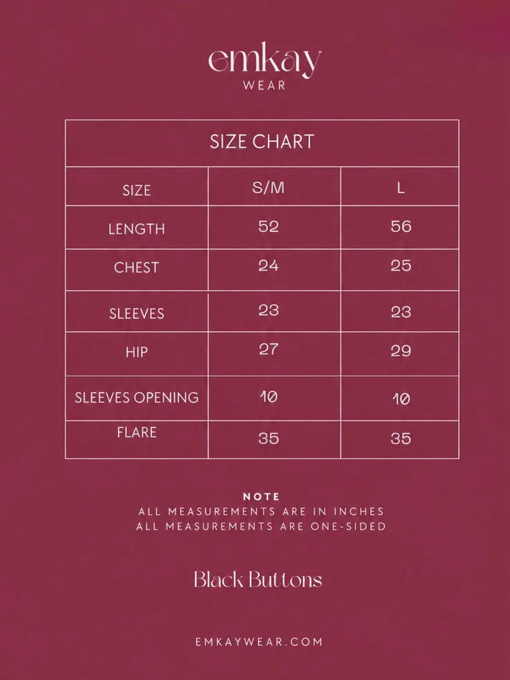 Emkay Wear Black Buttons size chart displaying S/M and L measurements in inches for length, chest, sleeves, hip, sleeve opening, and flare.