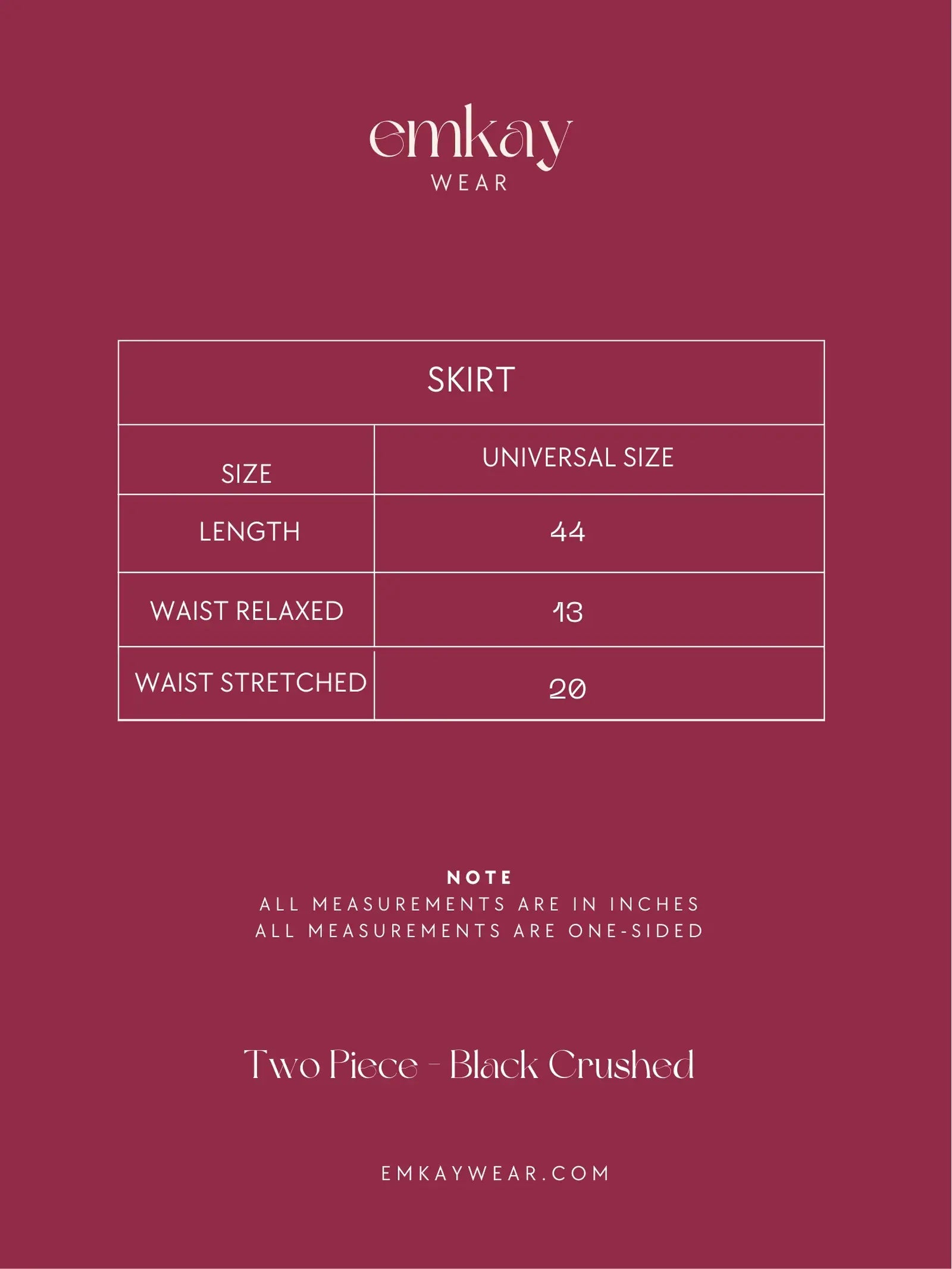Emkay Wear Two Piece - Black Crushed size chart.