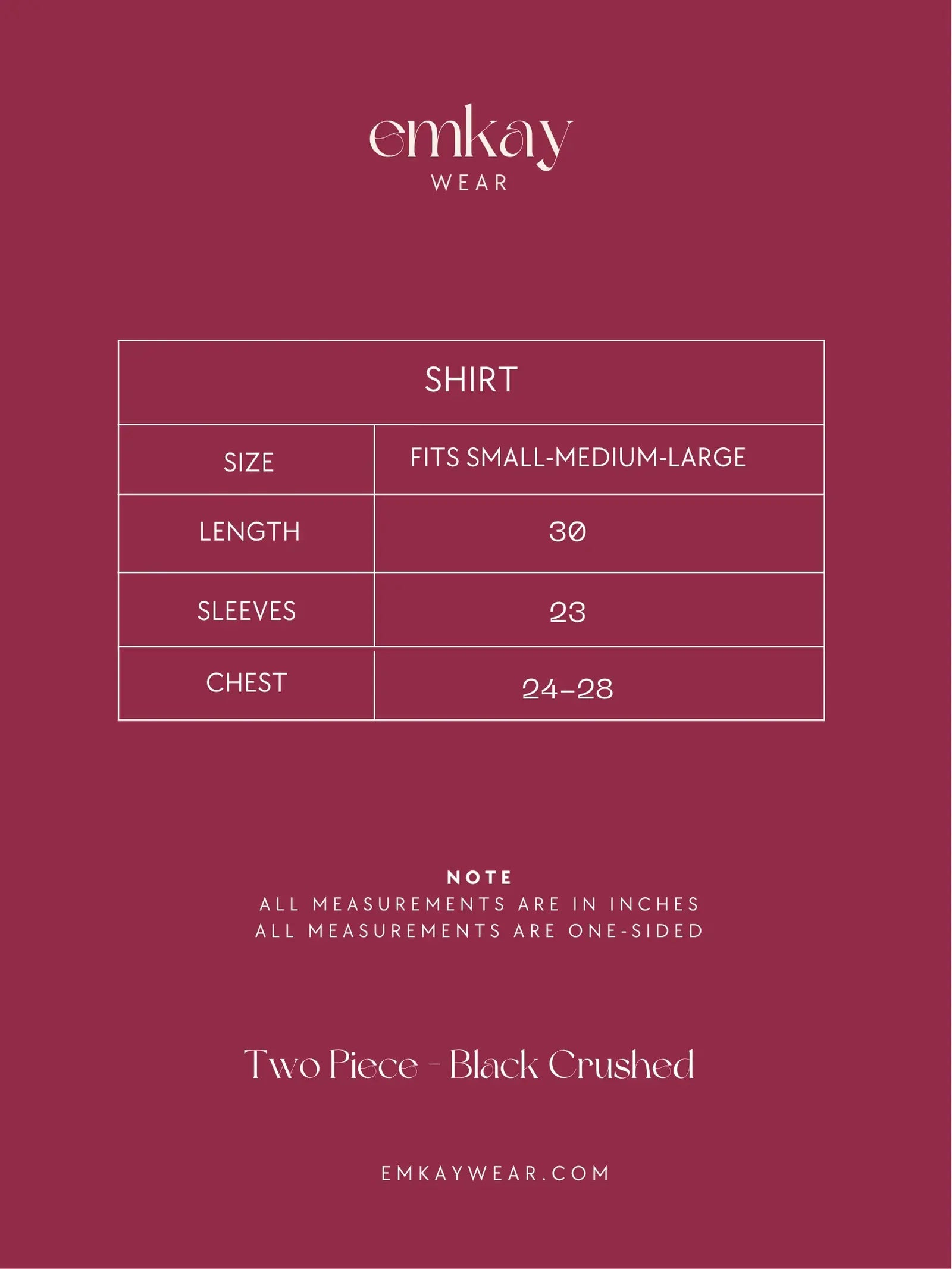 Emkay Wear Two Piece - Black Crushed size chart.