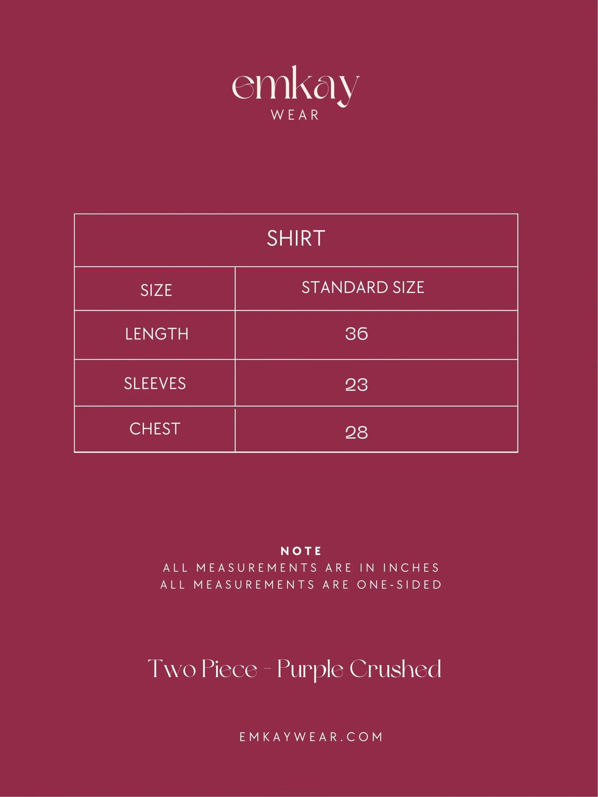 Emkay Wear Two Piece - Purple Crushed size chart.