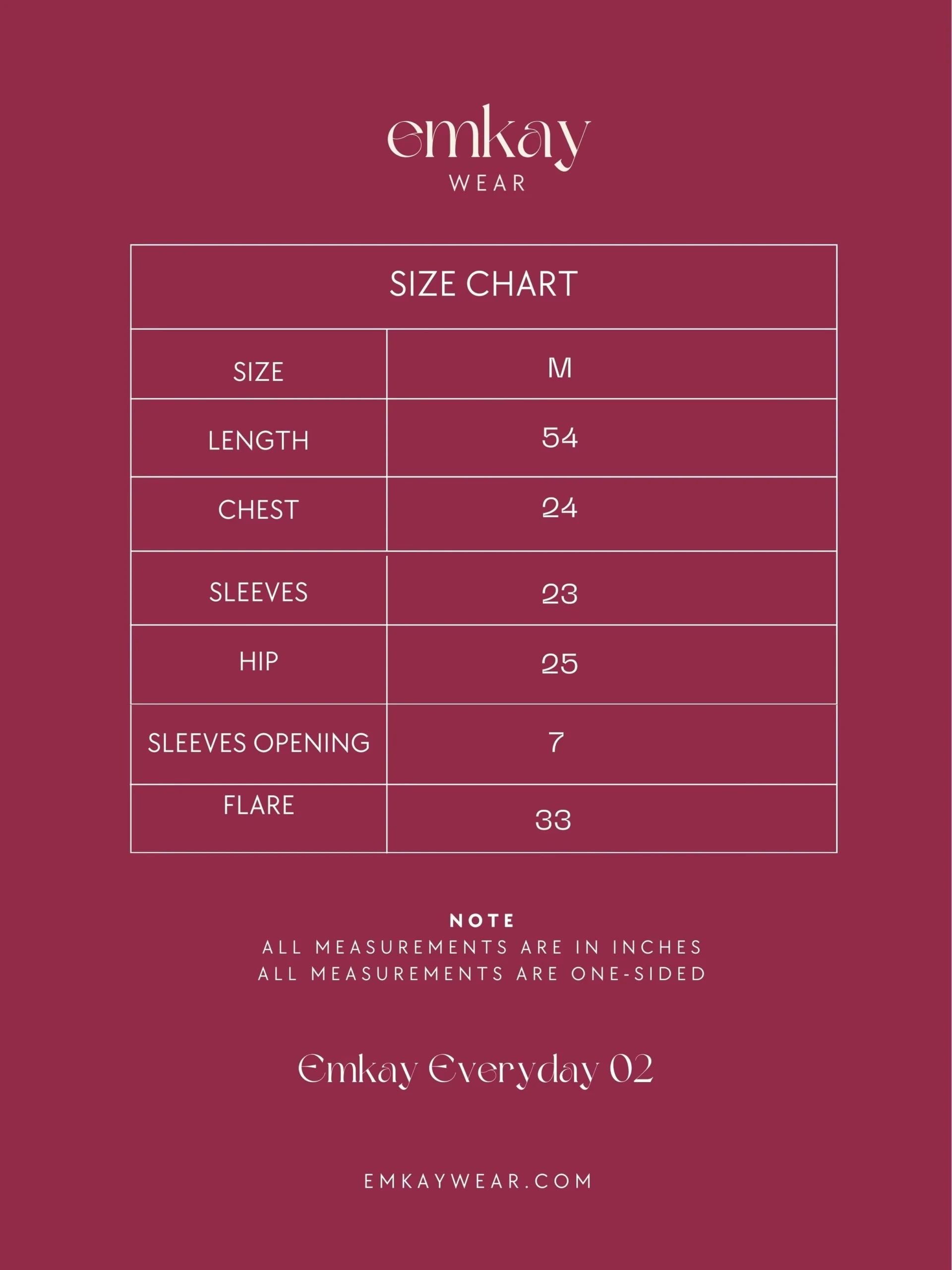 Emkay Wear Everyday 02 size chart.