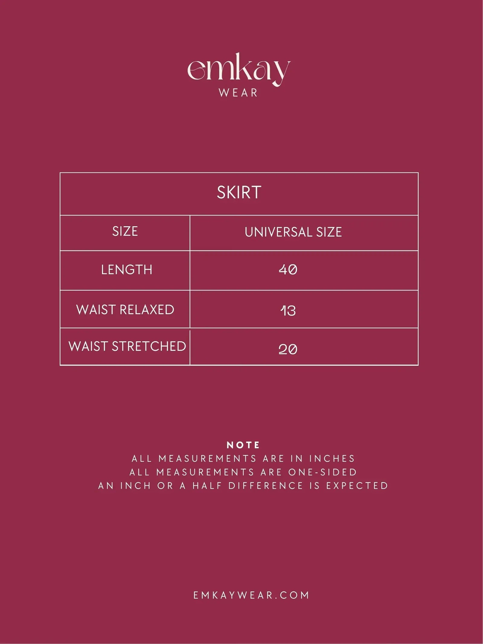 Emkay Wear skirt size chart with universal sizing.