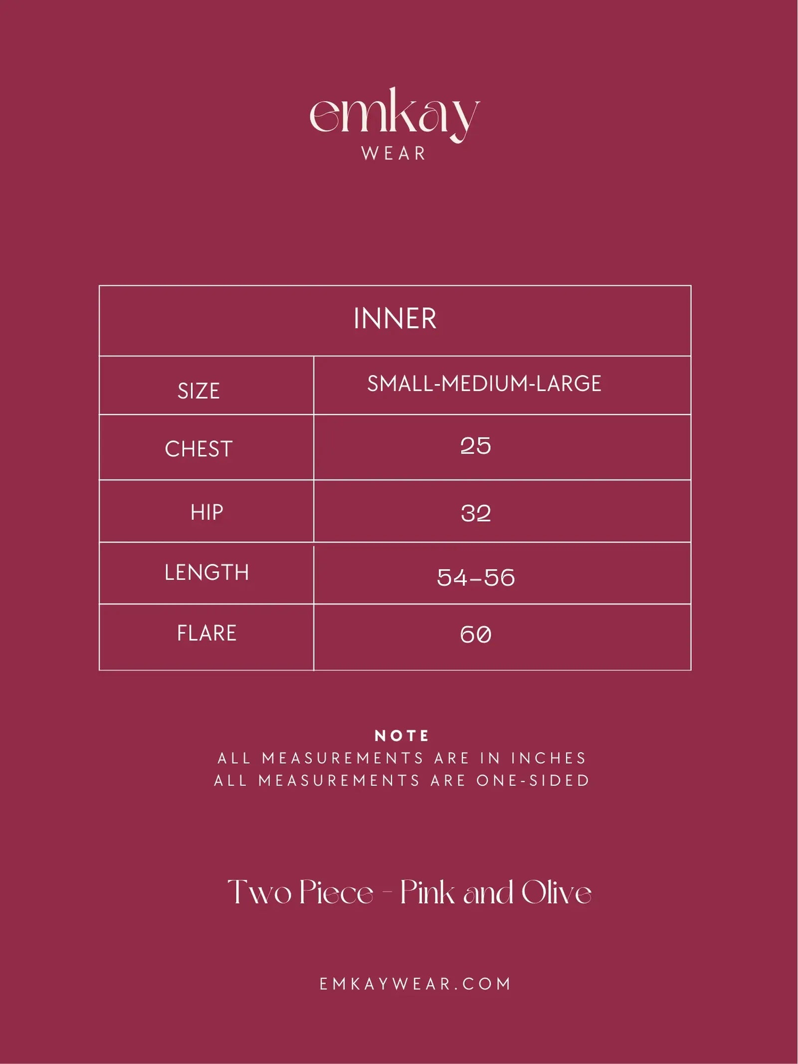 Emkay Wear Two Piece - Pink and Olive size chart.