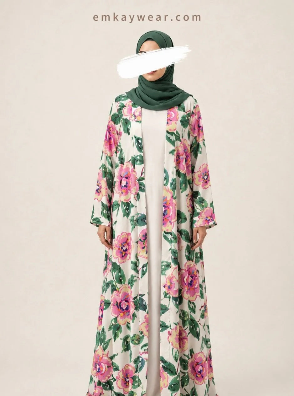 Summer Rose Linen Kimono with Pink Hijab