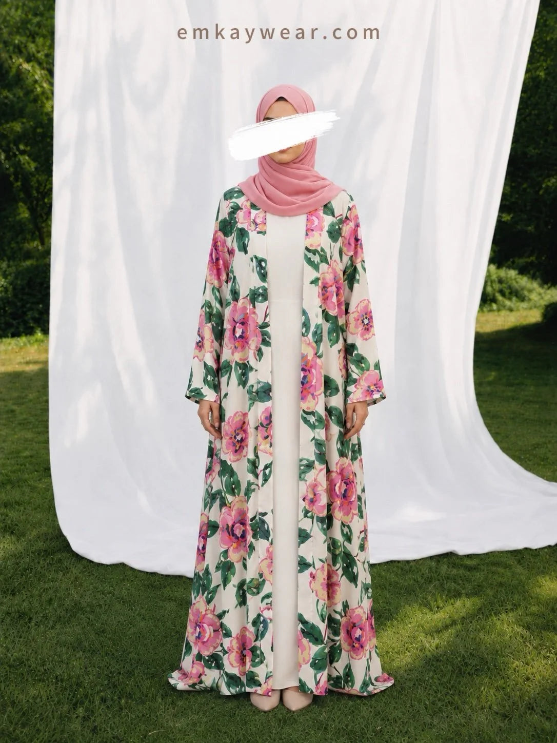Summer Rose Linen Kimono with Pink Hijab