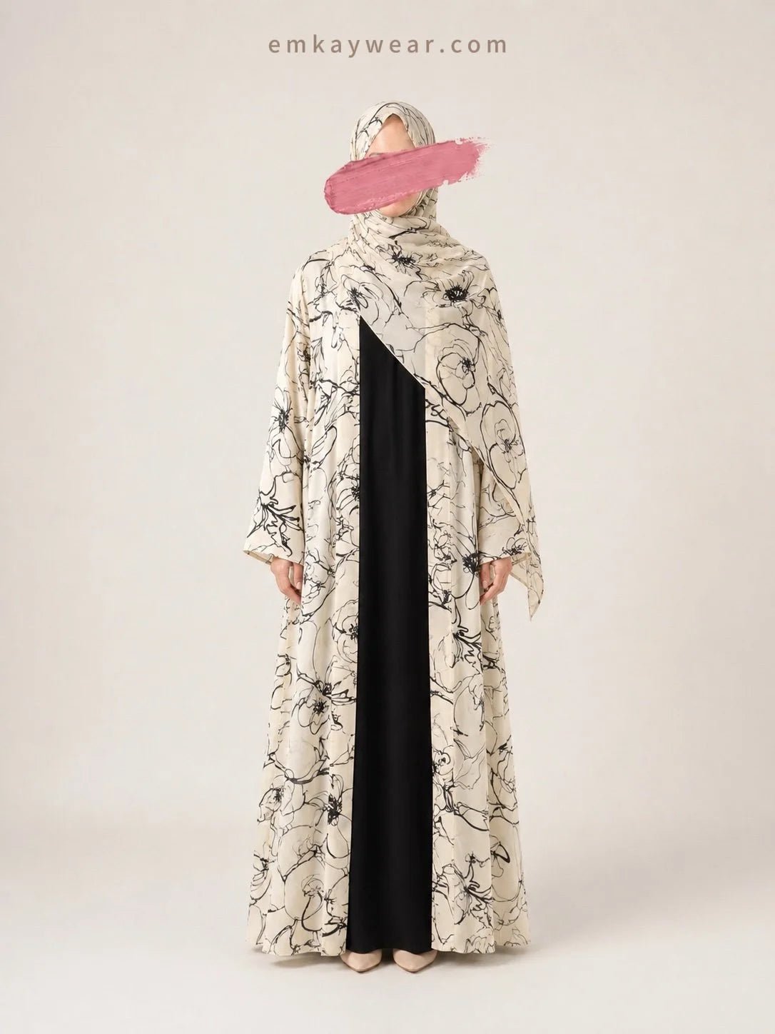 Ink Sketch Kimono Abaya with Hijab