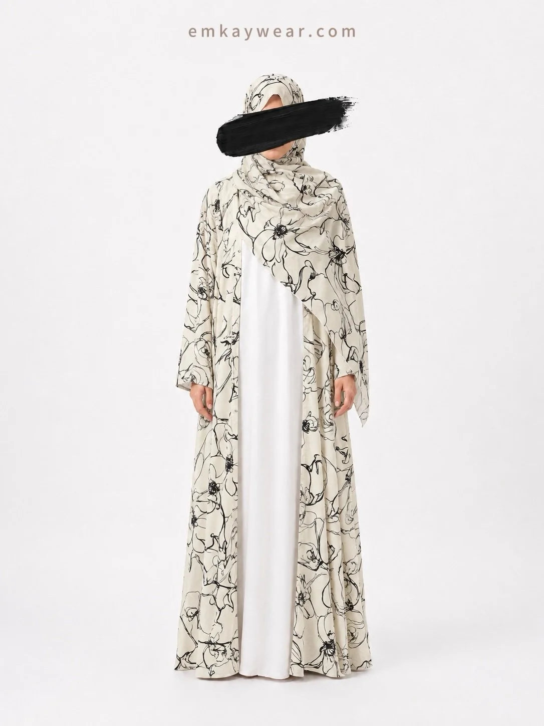 Ink Sketch Kimono Abaya with Hijab