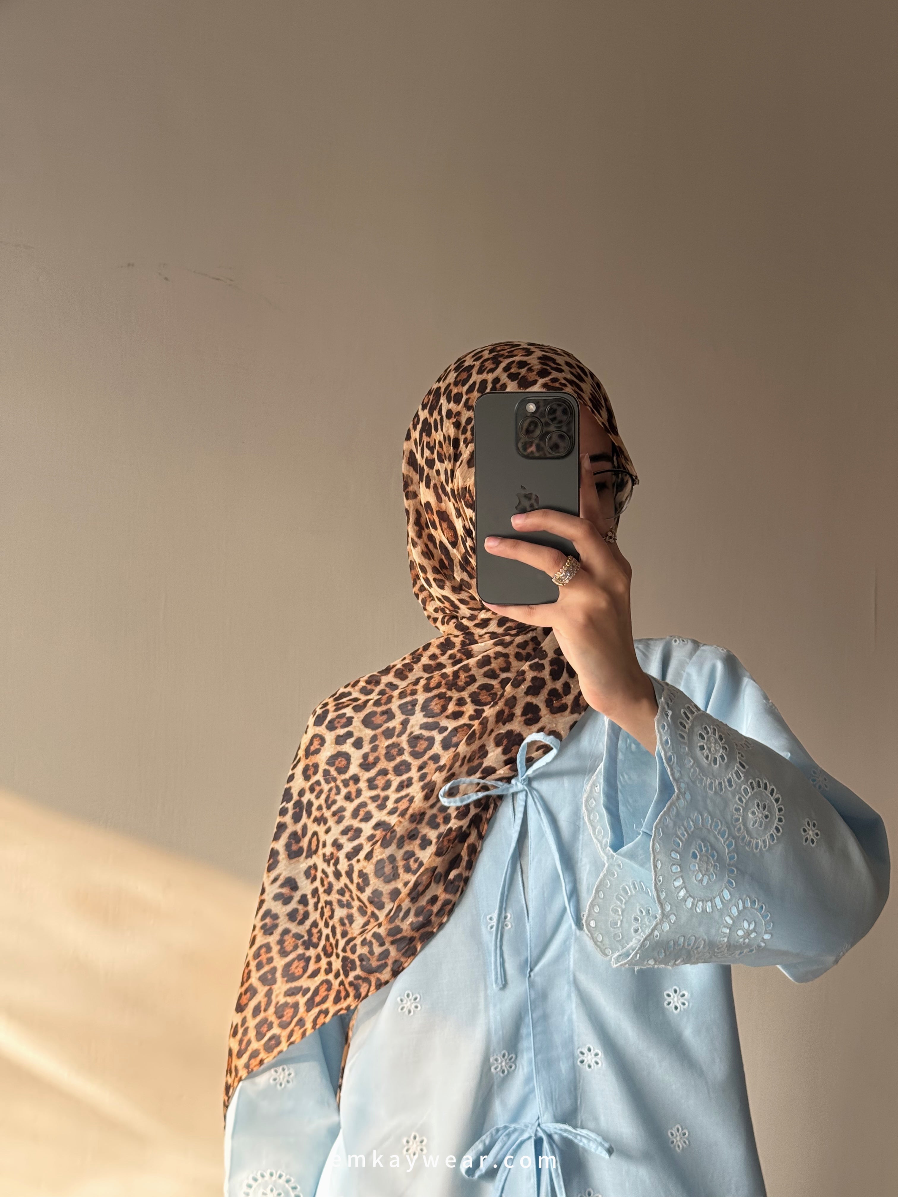 Pastel Blue Shirt with Leopard Hijab