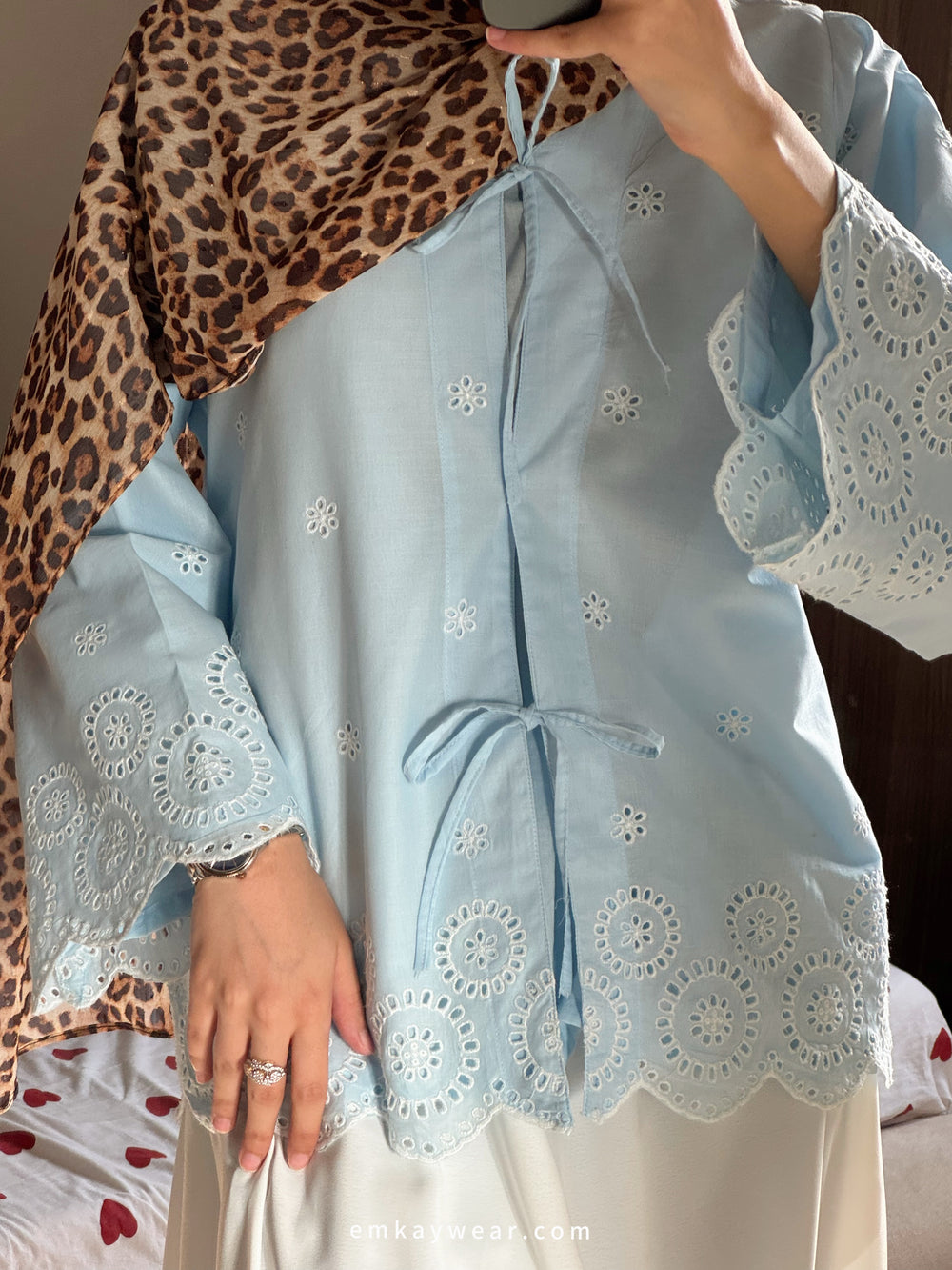 Pastel Blue Shirt with Leopard Hijab