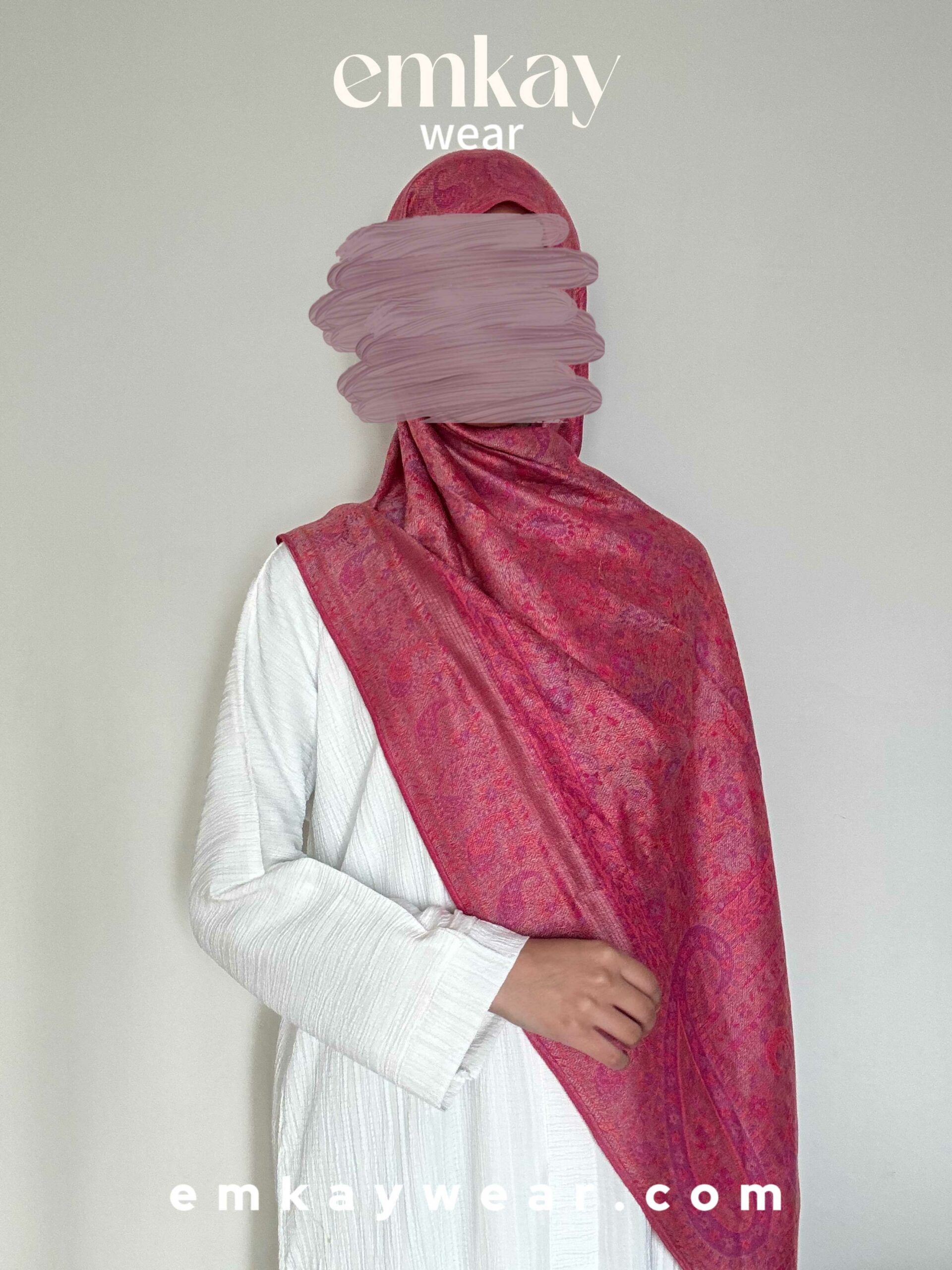 C19- White Abaya with Pink Pashmina - Image 2