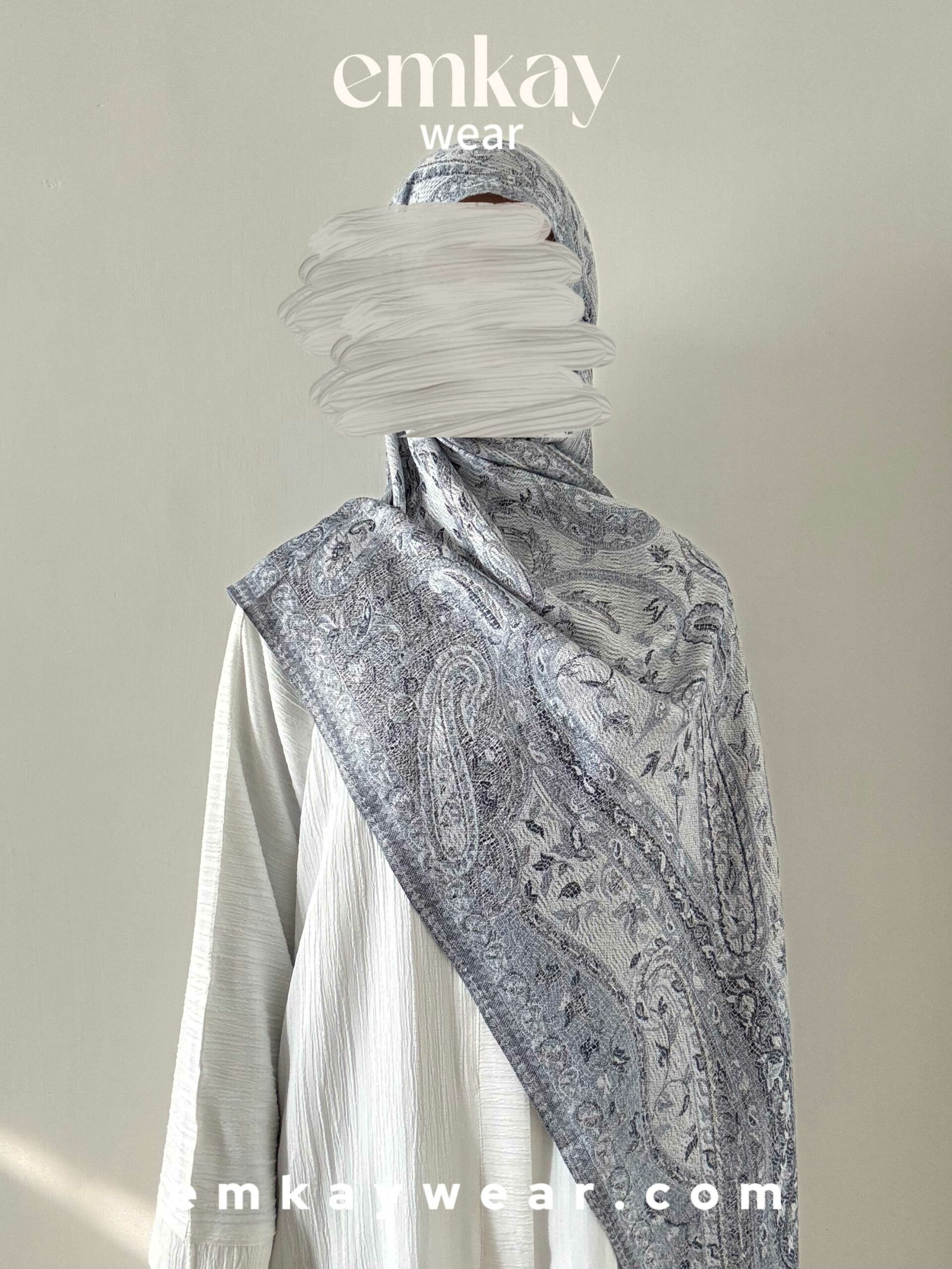 C18- White Abaya with Gray Pashmina