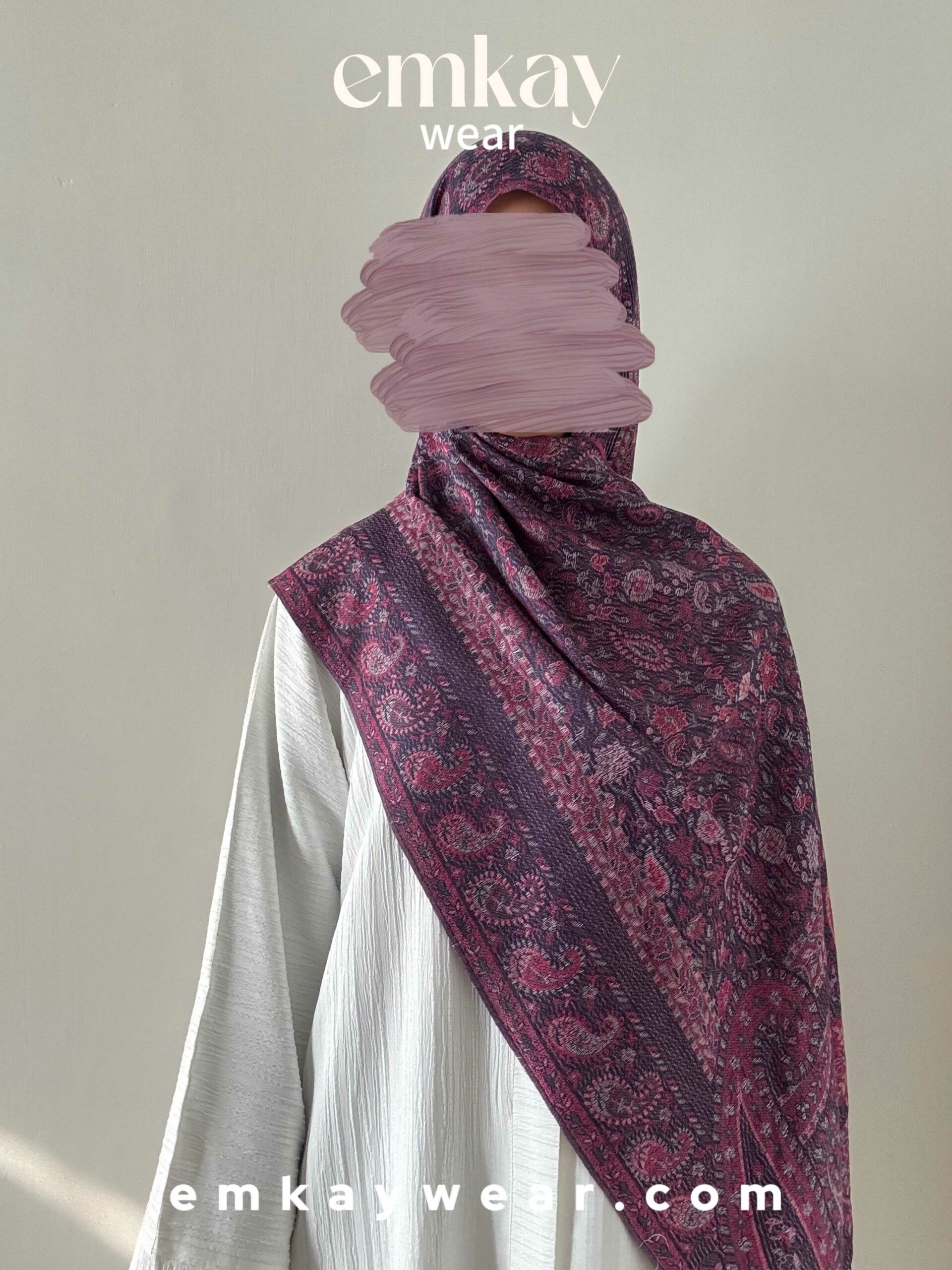 C20- White Abaya with Purple Pashmina - Image 2