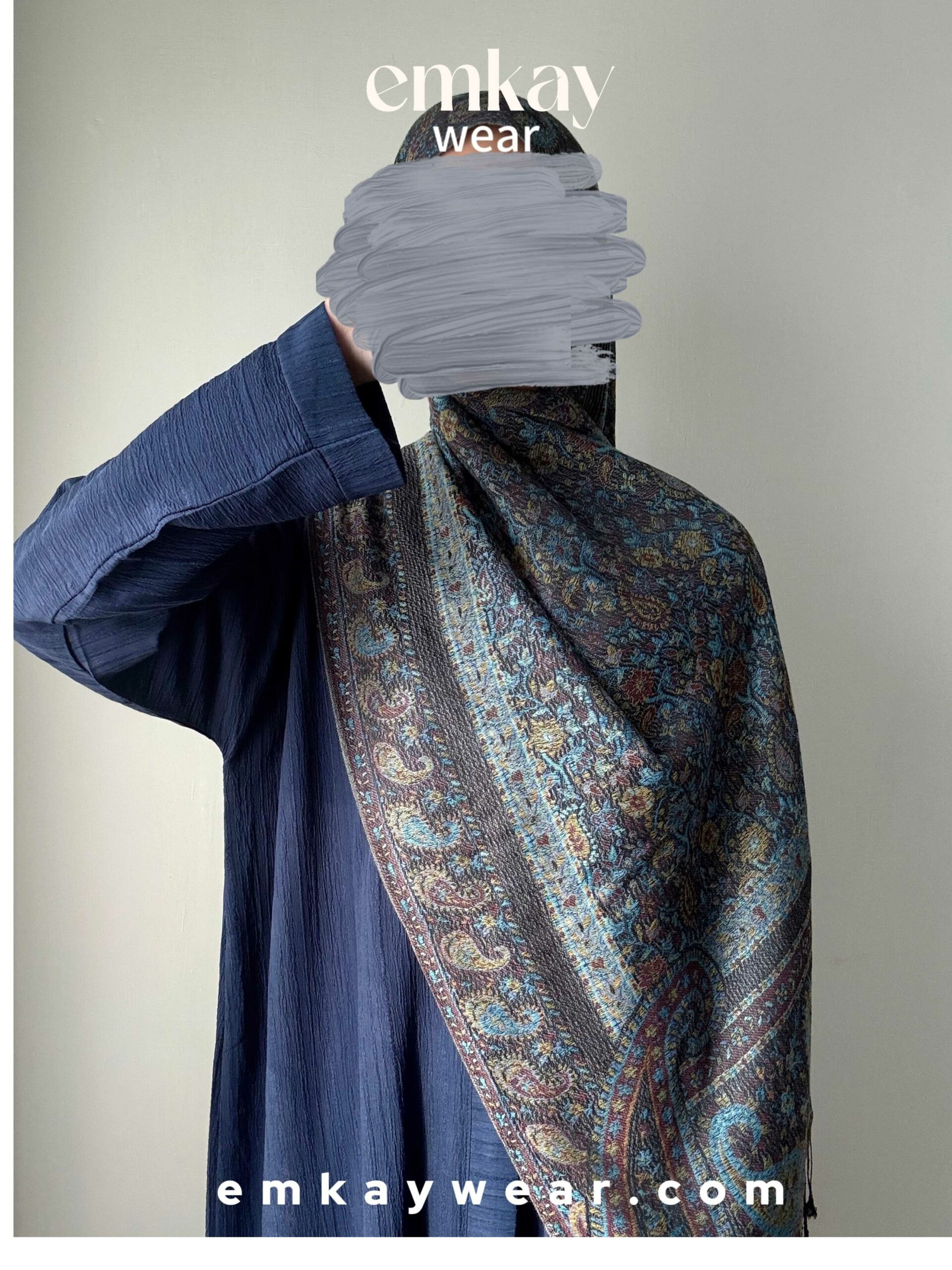 C10- Blue Abaya with Gray Blue Pashmina - Image 2