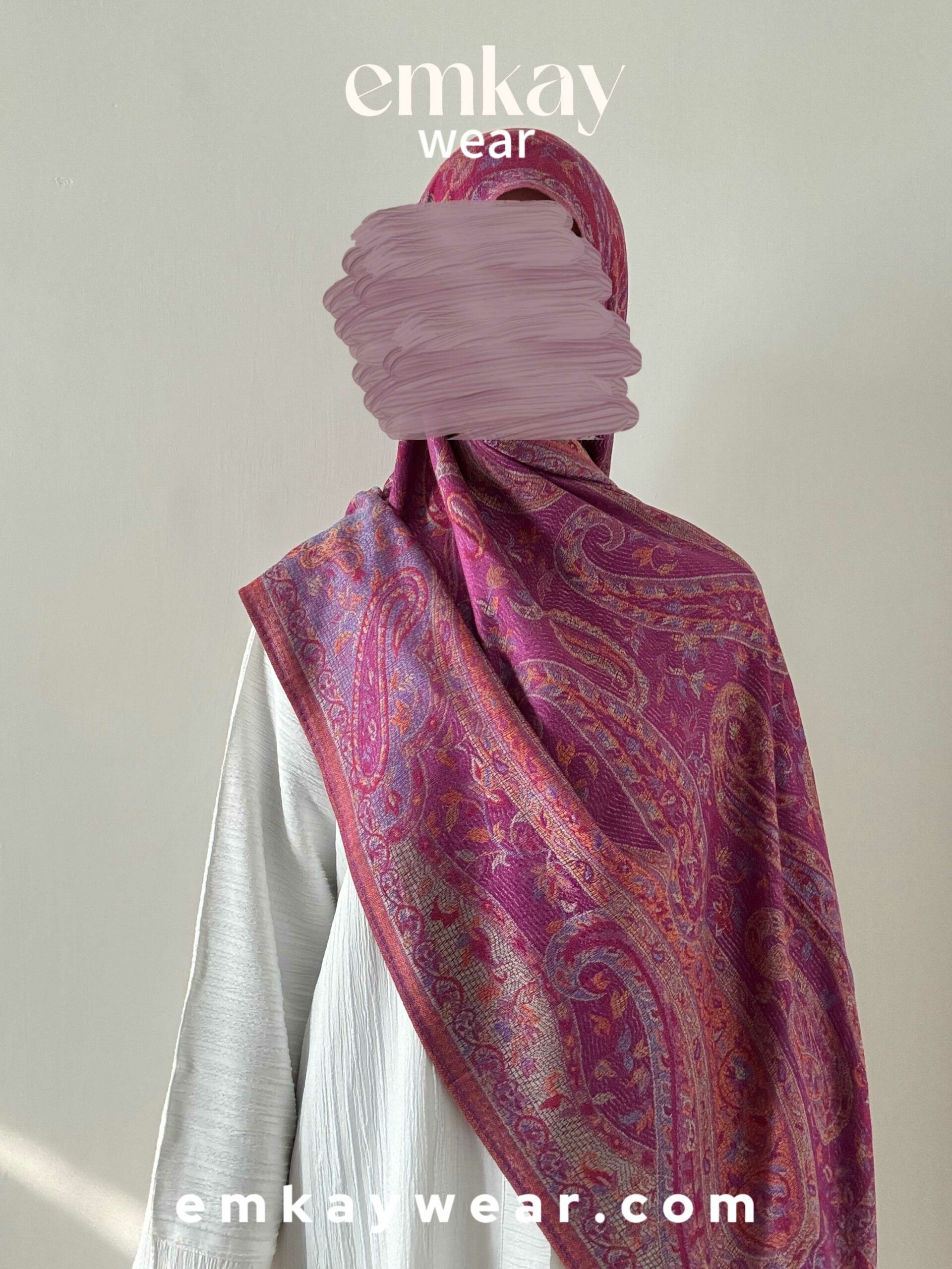 C20- White Abaya with Purple Pashmina