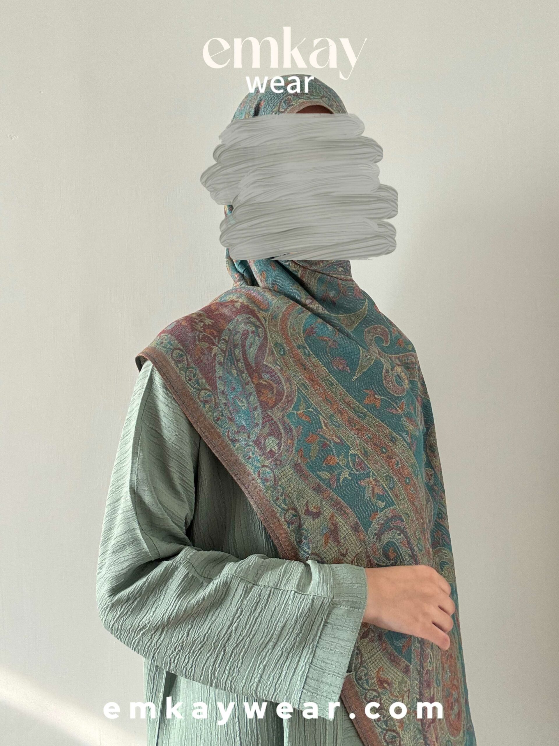 C21- Pistachio Abaya with Sea Green Pashmina