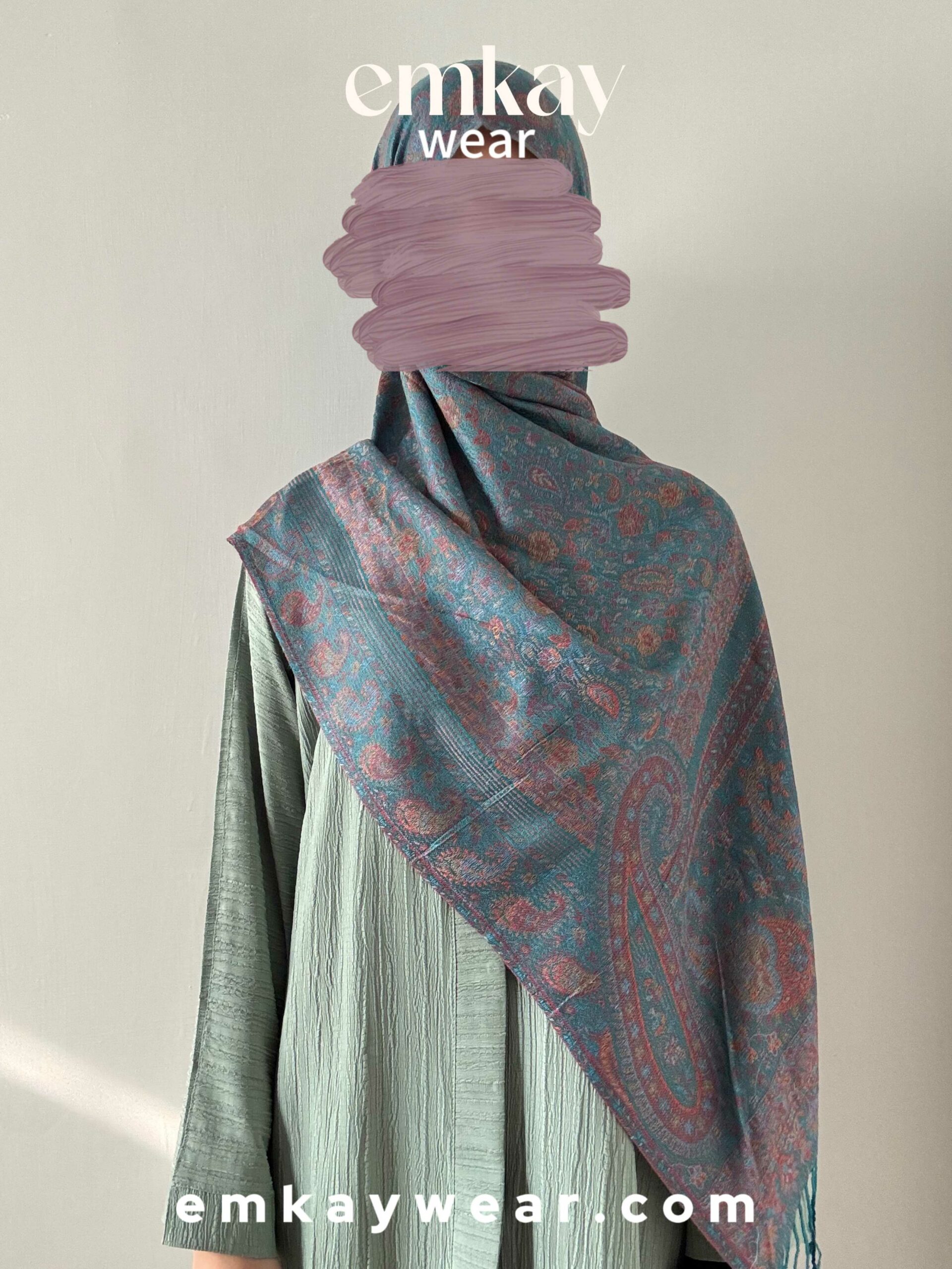 C21- Pistachio Abaya with Sea Green Pashmina - Image 2
