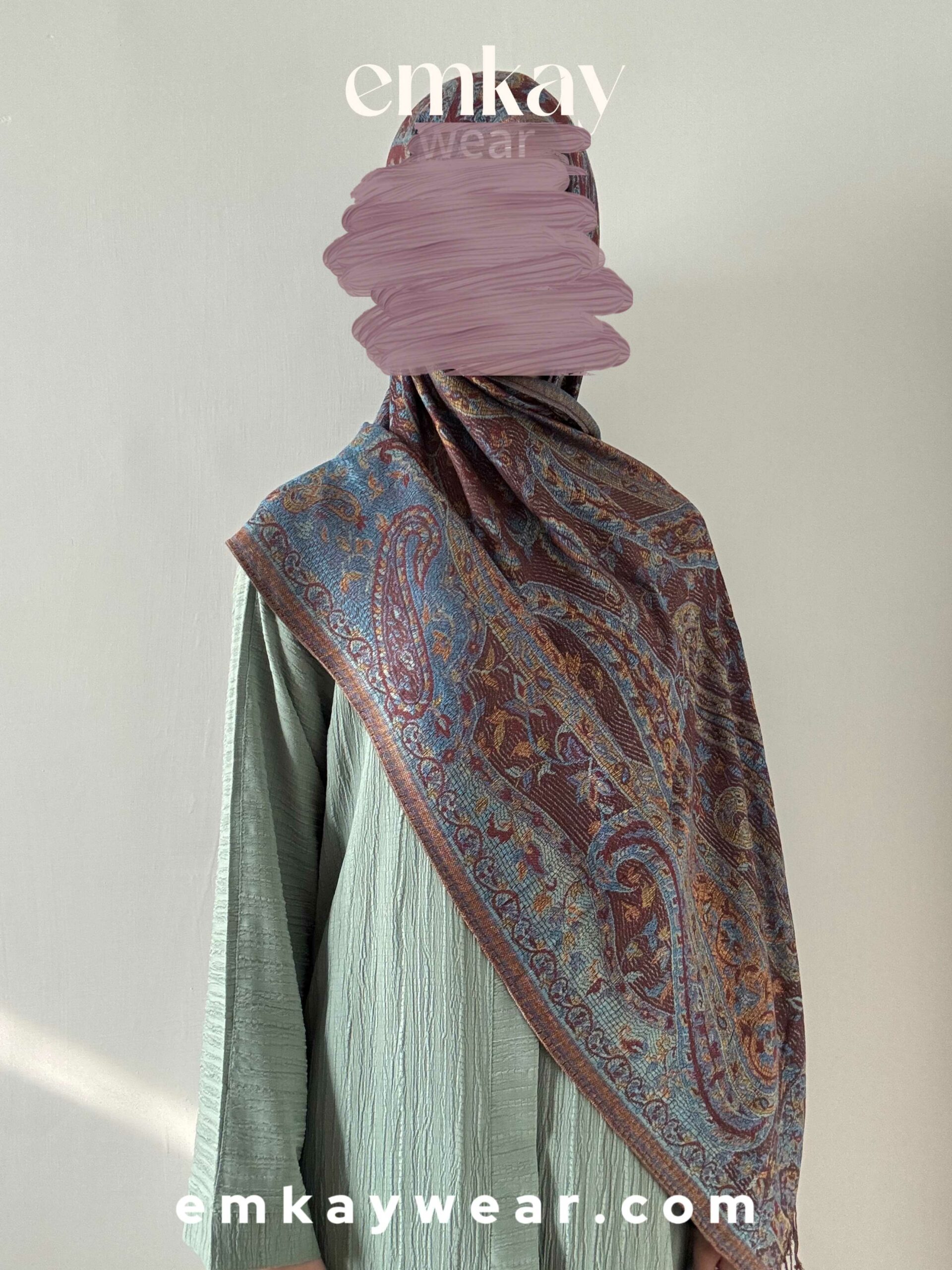 C24- Pistachio Abaya with Gray Purple Pashmina