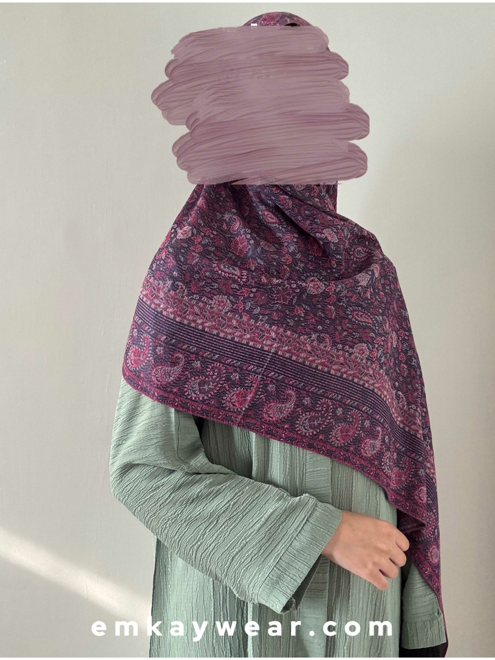 C25- Pistachio Abaya with Purple Pashmina