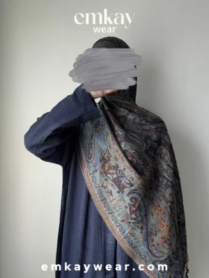 C10- Blue Abaya with Gray Blue Pashmina-PSH