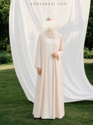 Polka Dot Ivory Kimono Abaya with Hijab-PIK
