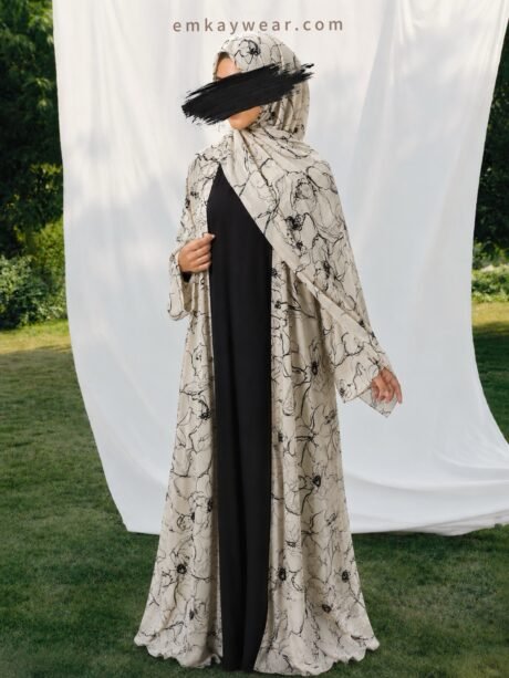 Ink Sketch Kimono Abaya with Hijab